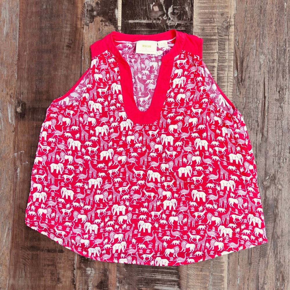 Maeve Anthropologie Whimsical Blouse Red White Safari Animal Print Sleeveless